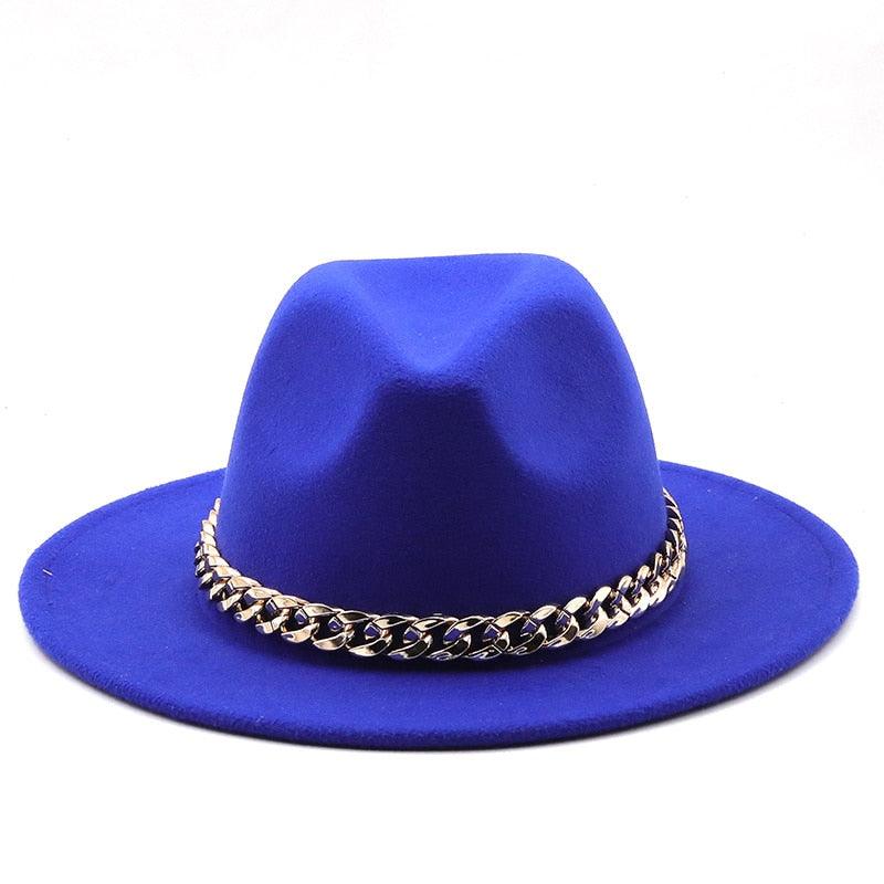 Elegant Green Wide Brim Fedora Hat with Chain Band
