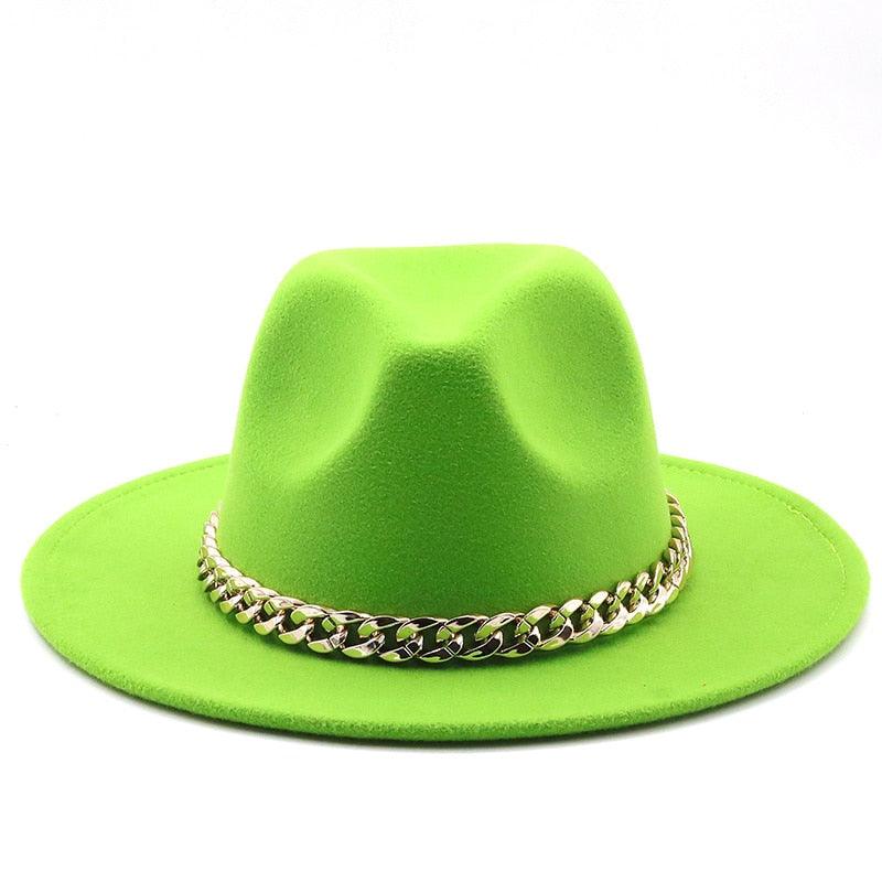 Elegant Green Wide Brim Fedora Hat with Chain Band
