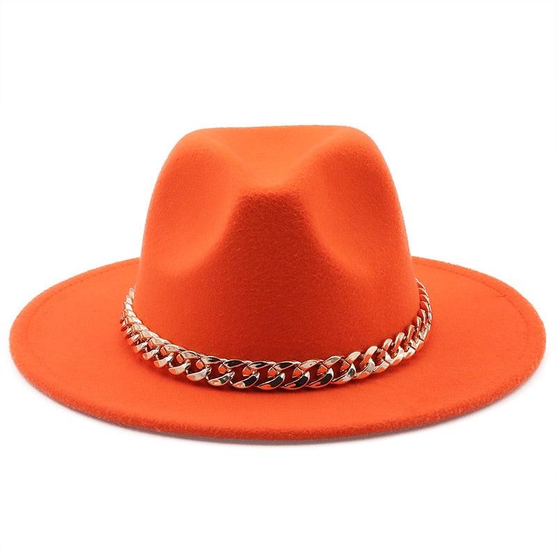 Elegant Green Wide Brim Fedora Hat with Chain Band