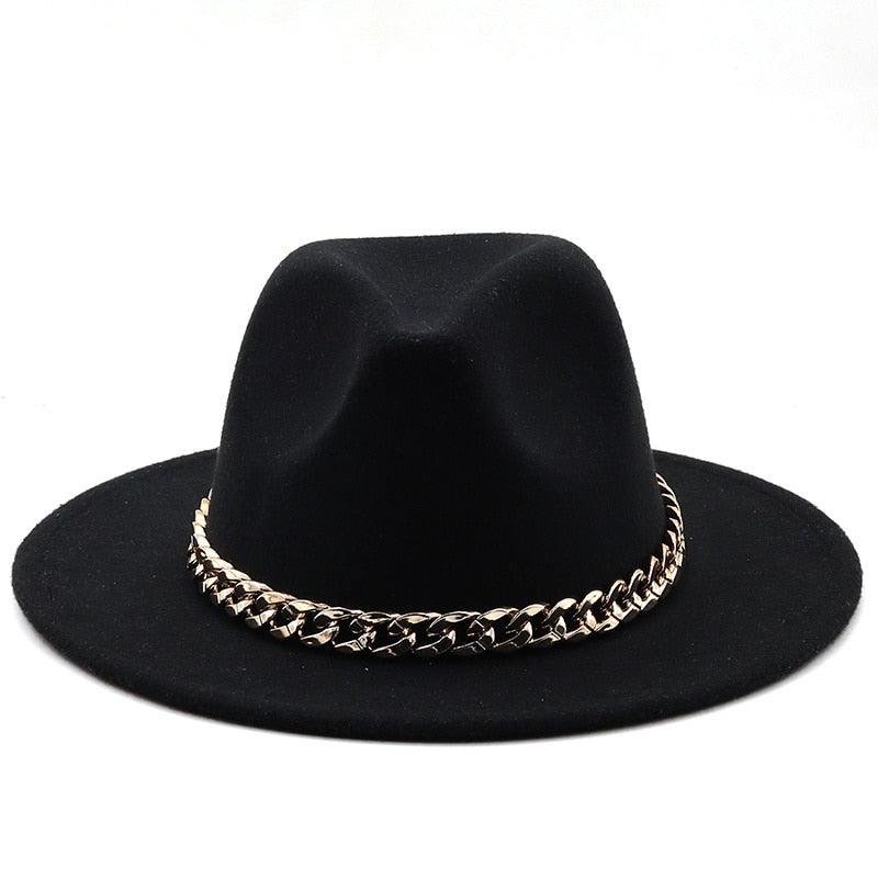 Elegant Green Wide Brim Fedora Hat with Chain Band