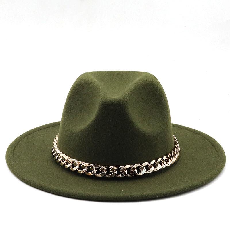 Elegant Green Wide Brim Fedora Hat with Chain Band