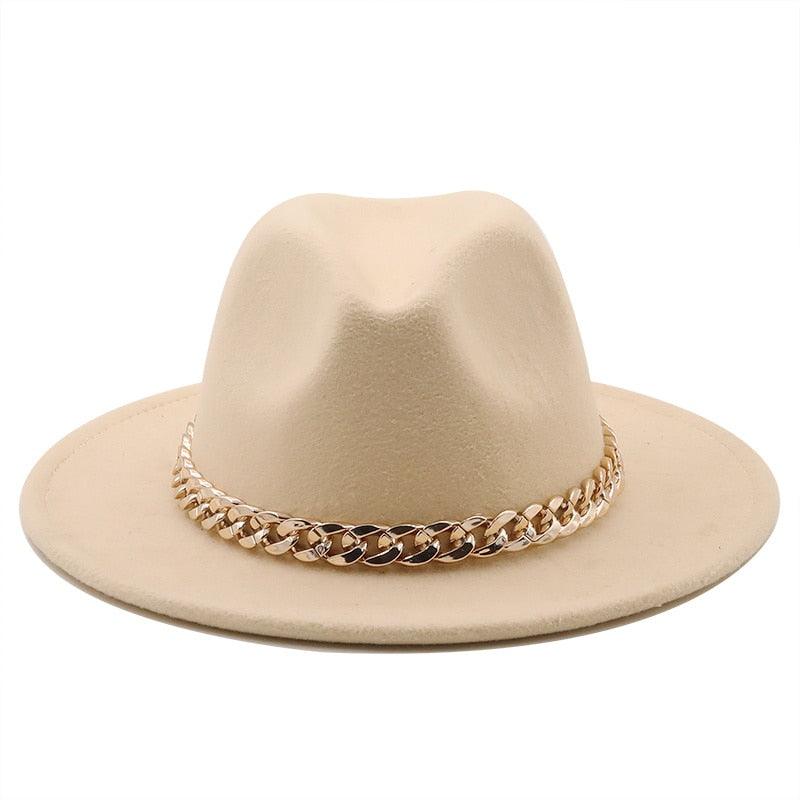 Elegant Green Wide Brim Fedora Hat with Chain Band