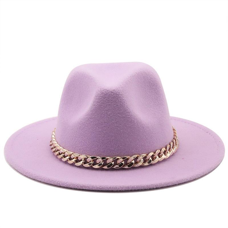 Elegant Green Wide Brim Fedora Hat with Chain Band