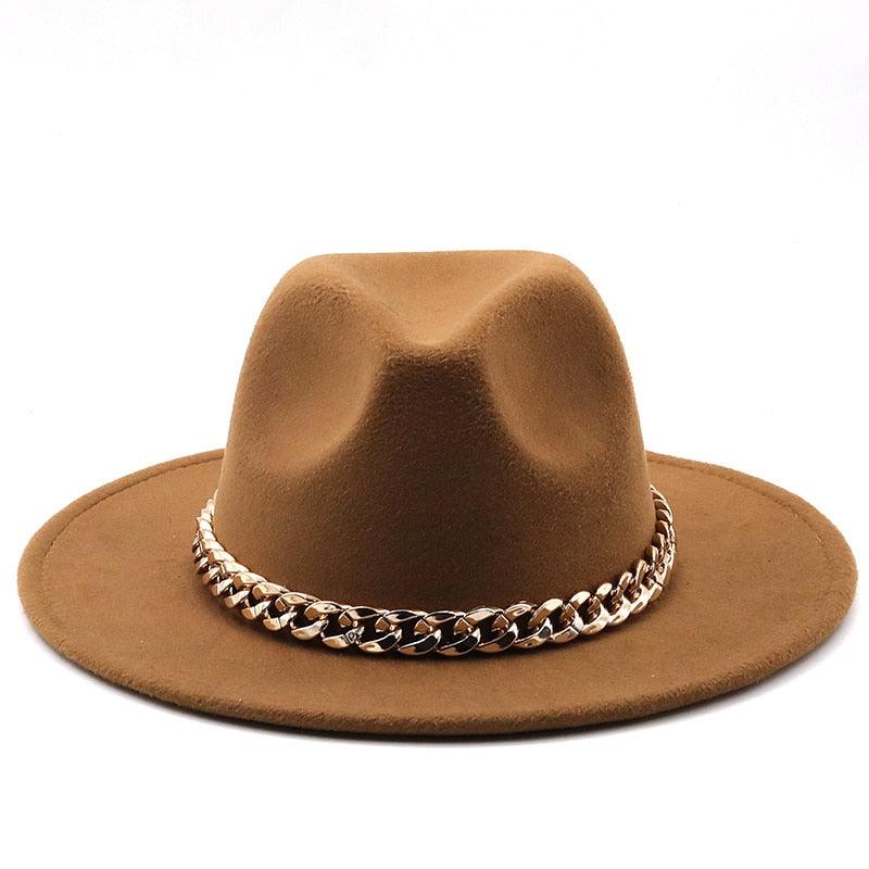 Elegant Green Wide Brim Fedora Hat with Chain Band