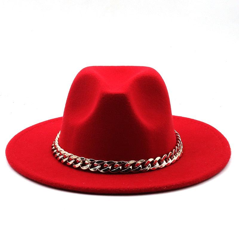 Elegant Green Wide Brim Fedora Hat with Chain Band