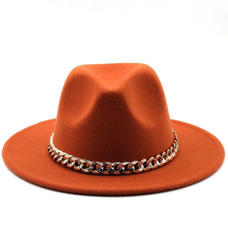 Elegant Green Wide Brim Fedora Hat with Chain Band