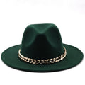 Elegant Green Wide Brim Fedora Hat with Chain Band