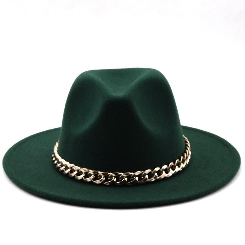 Elegant Green Wide Brim Fedora Hat with Chain Band