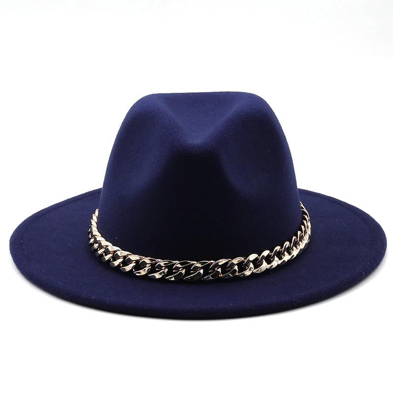 Elegant Green Wide Brim Fedora Hat with Chain Band