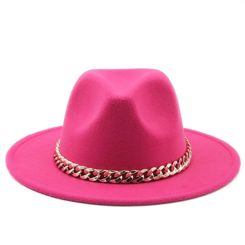 Elegant Green Wide Brim Fedora Hat with Chain Band