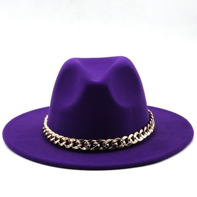 Elegant Green Wide Brim Fedora Hat with Chain Band