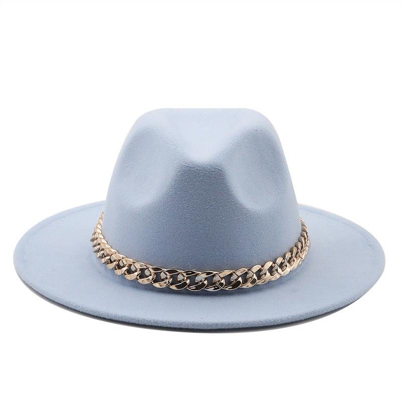 Elegant Green Wide Brim Fedora Hat with Chain Band