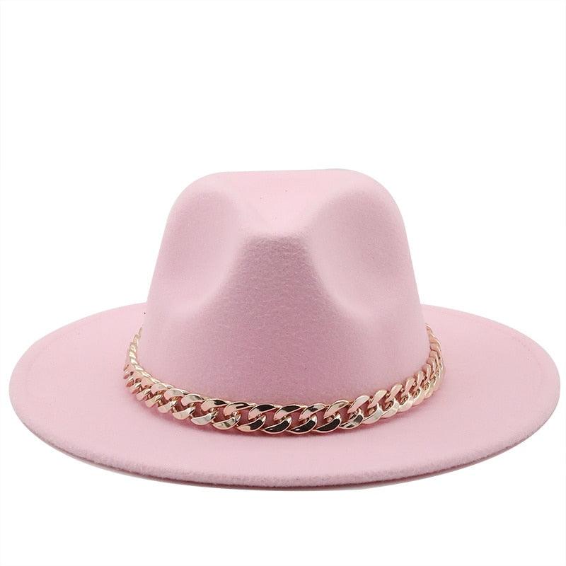 Elegant Green Wide Brim Fedora Hat with Chain Band