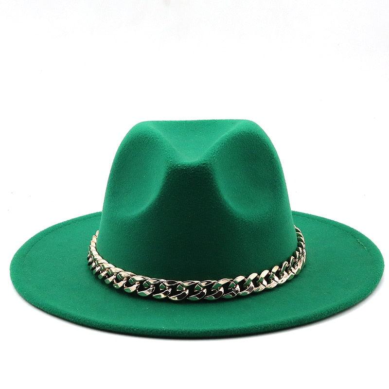Elegant Green Wide Brim Fedora Hat with Chain Band