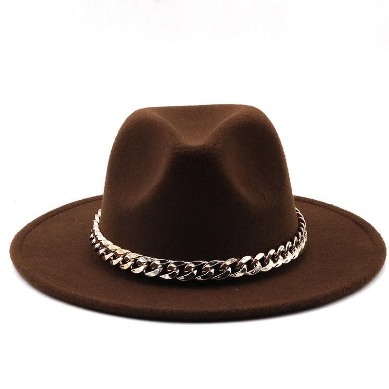 Elegant Green Wide Brim Fedora Hat with Chain Band