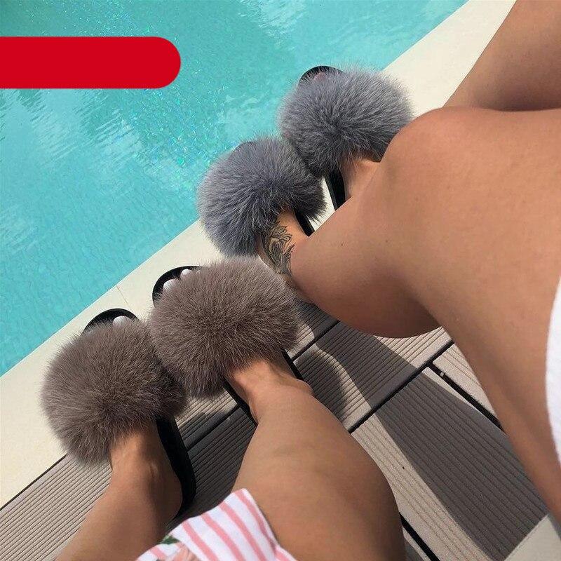 Women's Fluffy Fox Fur Slides Open Toe Comfortable House Slippers