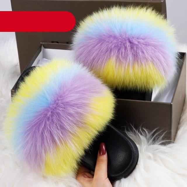 Women's Fluffy Fox Fur Slides Open Toe Comfortable House Slippers