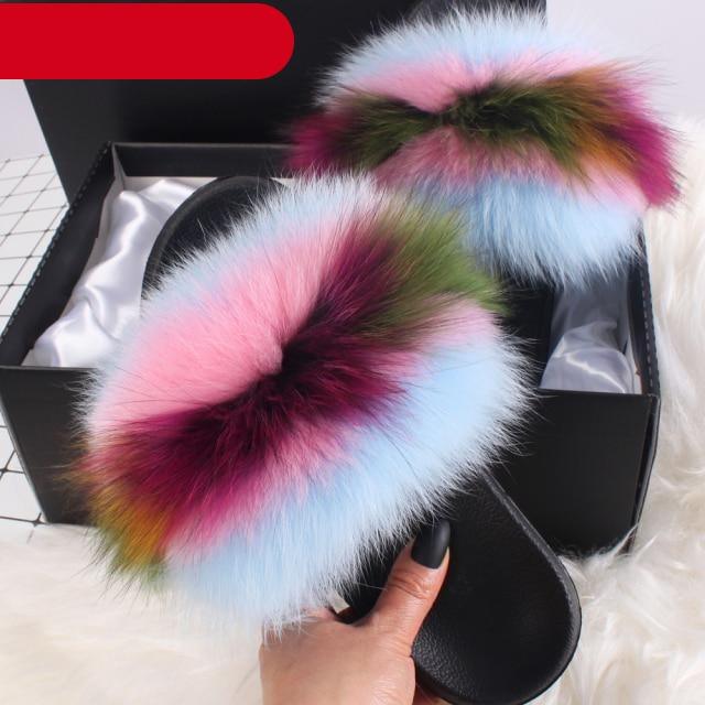 Women's Fluffy Fox Fur Slides Open Toe Comfortable House Slippers