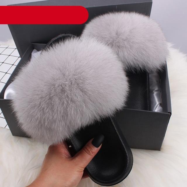 Women's Fluffy Fox Fur Slides Open Toe Comfortable House Slippers