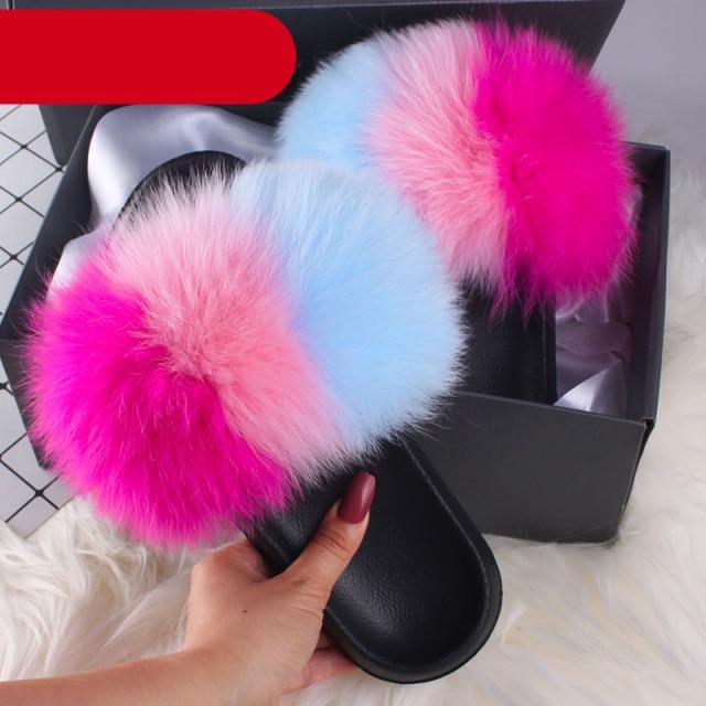 Women's Fluffy Fox Fur Slides Open Toe Comfortable House Slippers