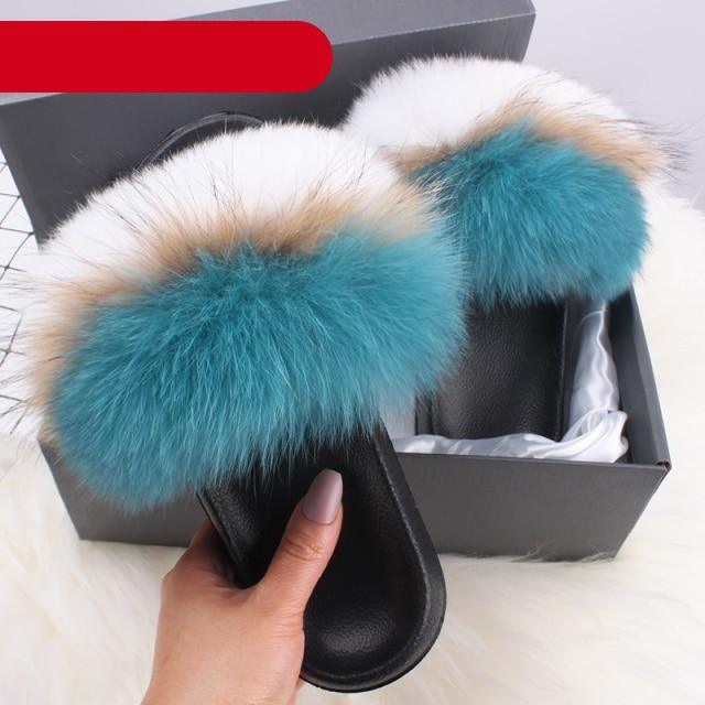 Women's Fluffy Fox Fur Slides Open Toe Comfortable House Slippers