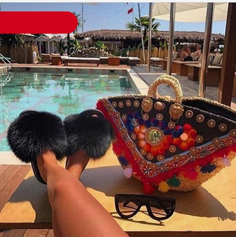 Women's Fluffy Fox Fur Slides Open Toe Comfortable House Slippers