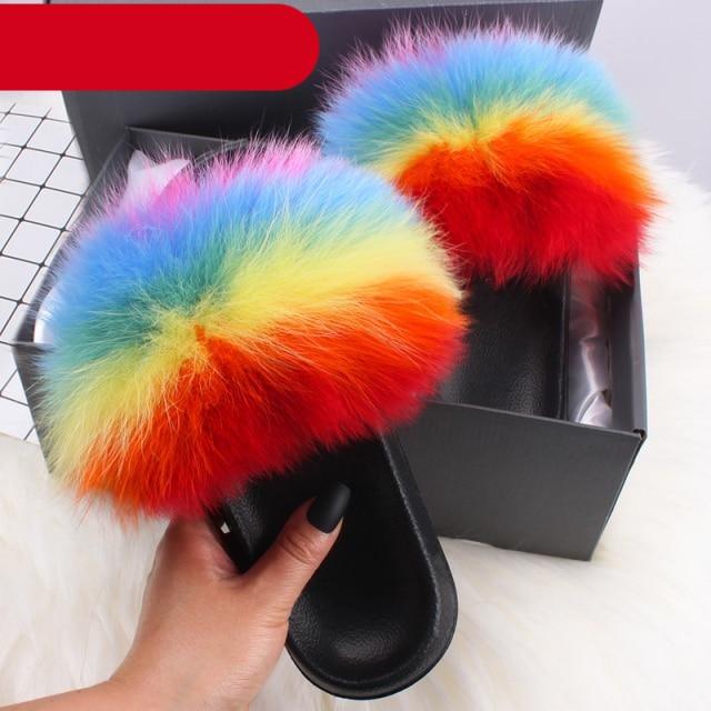 Women's Fluffy Fox Fur Slides Open Toe Comfortable House Slippers