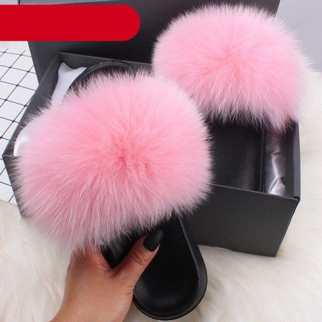 Women's Fluffy Fox Fur Slides Open Toe Comfortable House Slippers