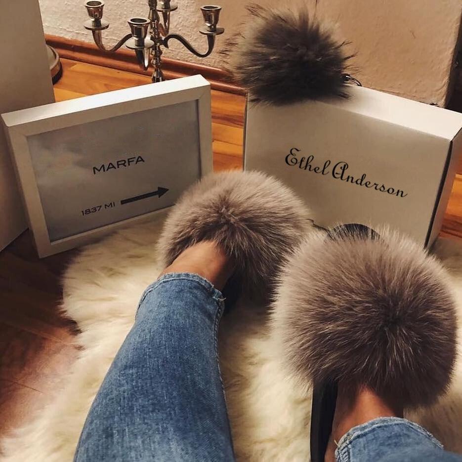 Women's Fluffy Fox Fur Slides Open Toe Comfortable House Slippers