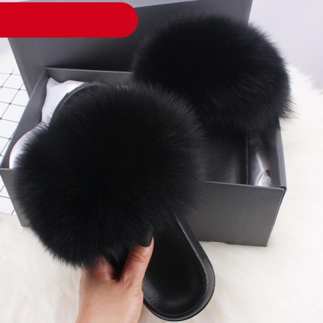 Women's Fluffy Fox Fur Slides Open Toe Comfortable House Slippers