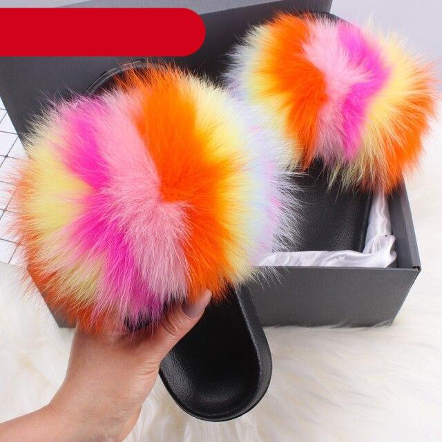 Women's Fluffy Fox Fur Slides Open Toe Comfortable House Slippers