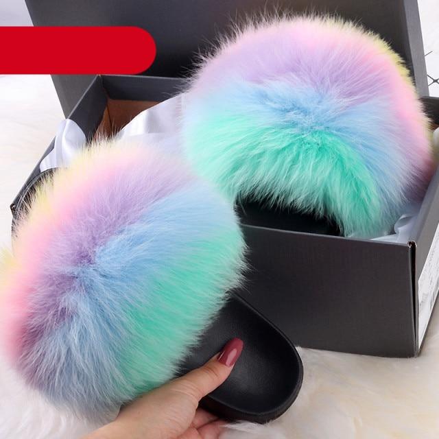 Women's Fluffy Fox Fur Slides Open Toe Comfortable House Slippers