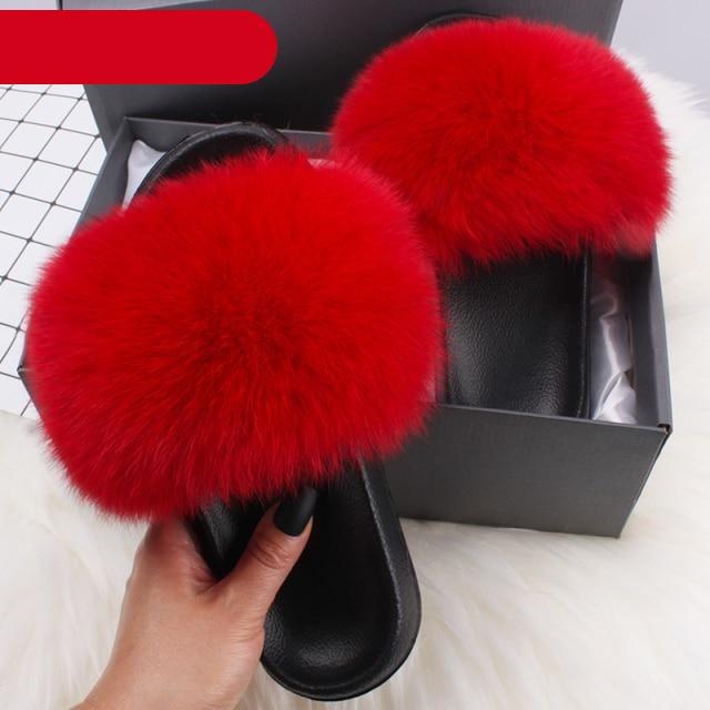 Women's Fluffy Fox Fur Slides Open Toe Comfortable House Slippers