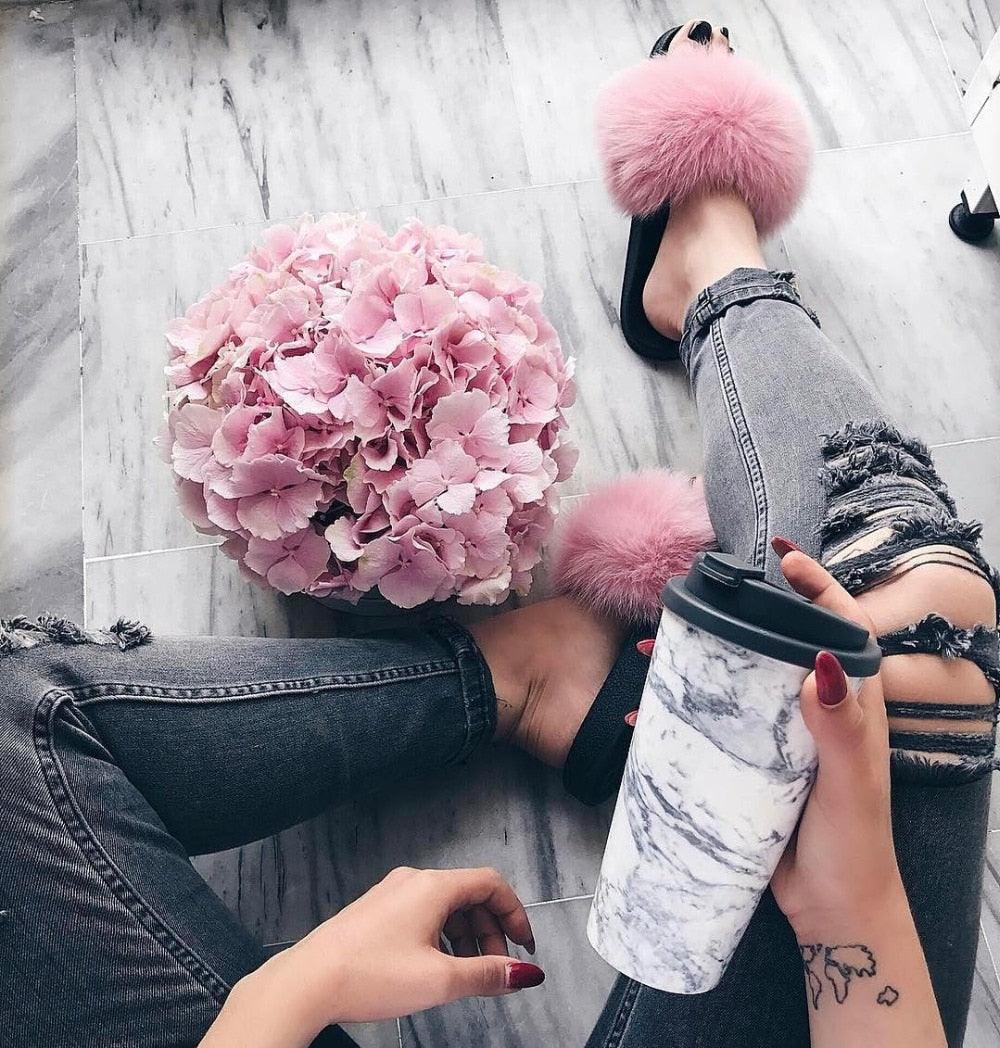 Women's Fluffy Fox Fur Slides Open Toe Comfortable House Slippers