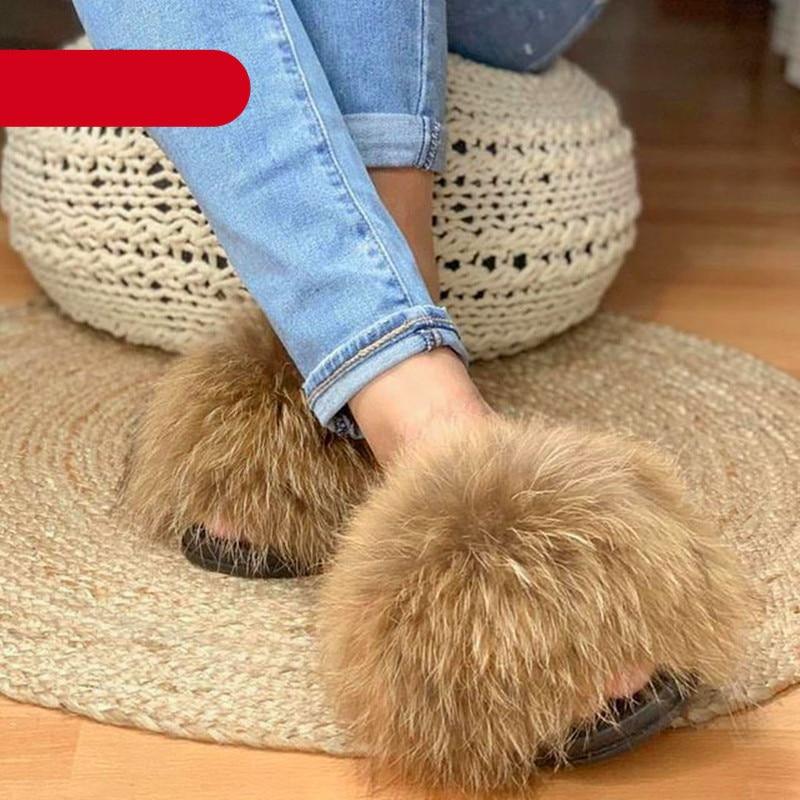 Women's Fluffy Fox Fur Slides Open Toe Comfortable House Slippers