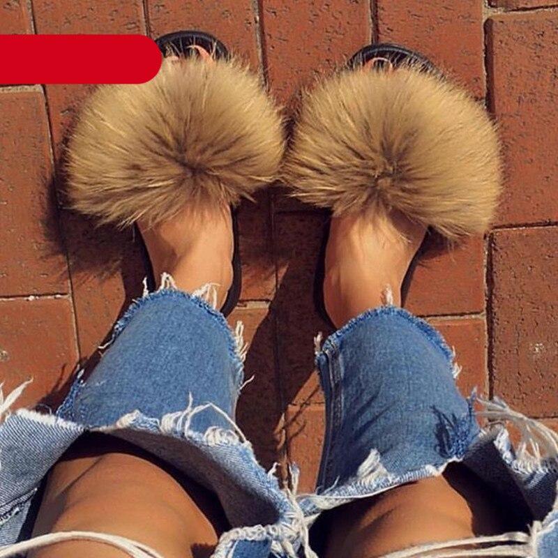 Women's Fluffy Fox Fur Slides Open Toe Comfortable House Slippers