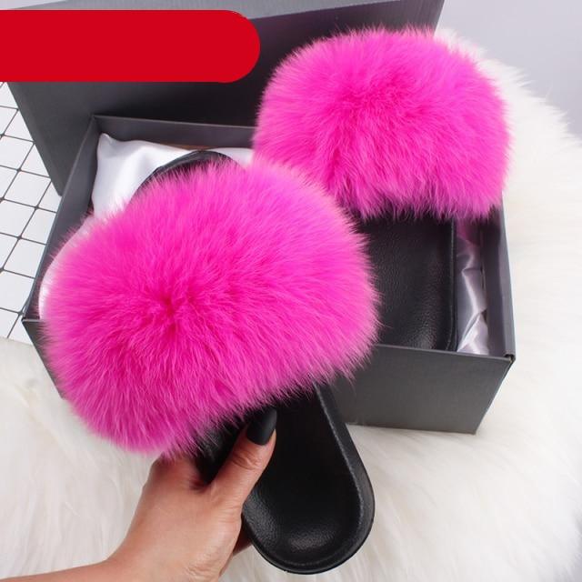 Women's Fluffy Fox Fur Slides Open Toe Comfortable House Slippers