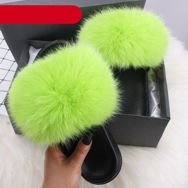 Women's Fluffy Fox Fur Slides Open Toe Comfortable House Slippers