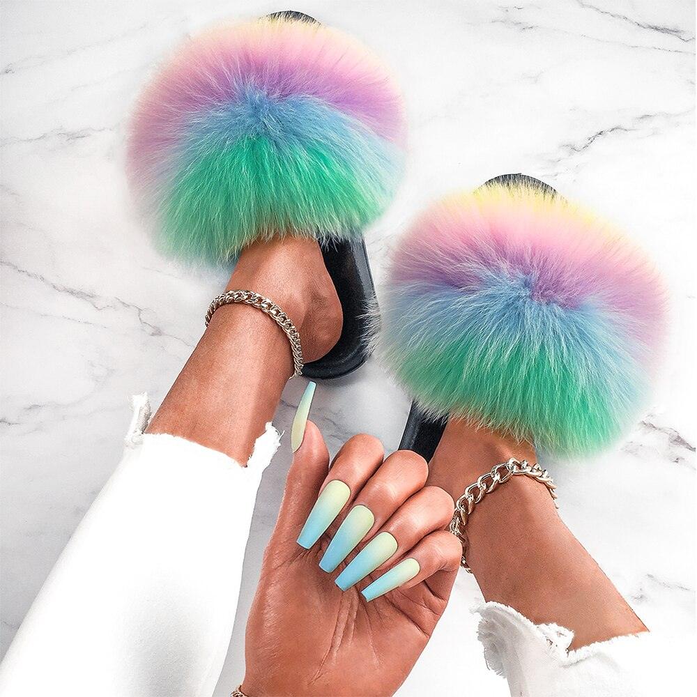 Women's Fluffy Fox Fur Slides Open Toe Comfortable House Slippers