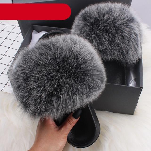 Women's Fluffy Fox Fur Slides Open Toe Comfortable House Slippers
