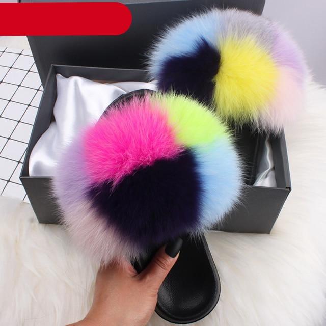 Women's Fluffy Fox Fur Slides Open Toe Comfortable House Slippers
