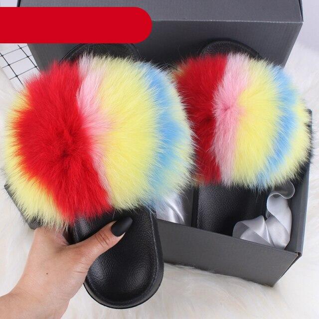 Women's Fluffy Fox Fur Slides Open Toe Comfortable House Slippers