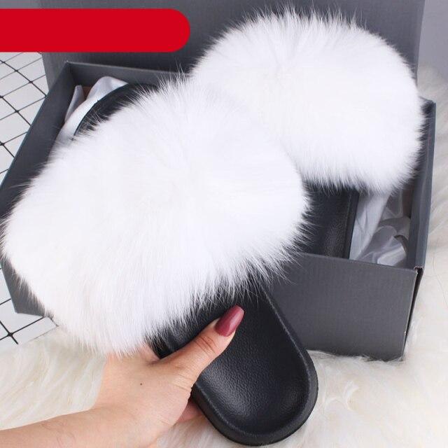 Women's Fluffy Fox Fur Slides Open Toe Comfortable House Slippers