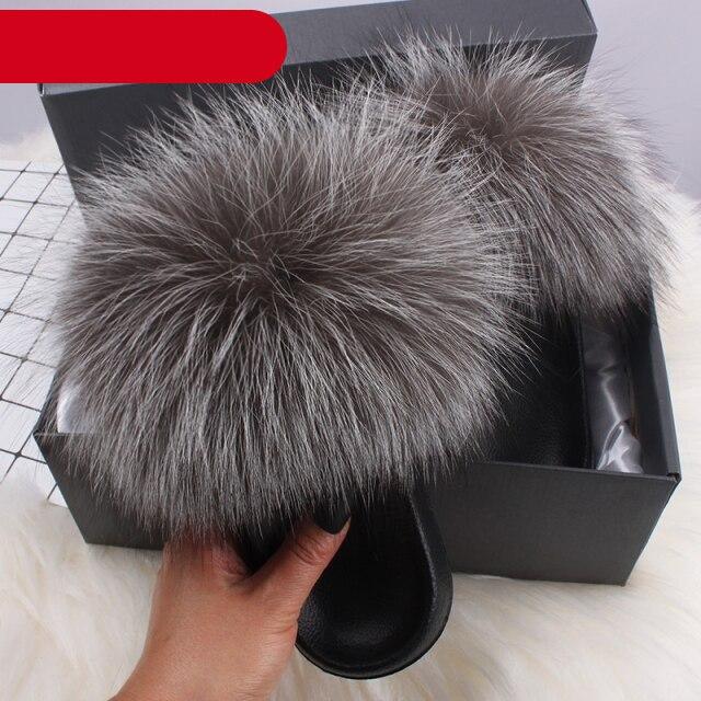 Women's Fluffy Fox Fur Slides Open Toe Comfortable House Slippers