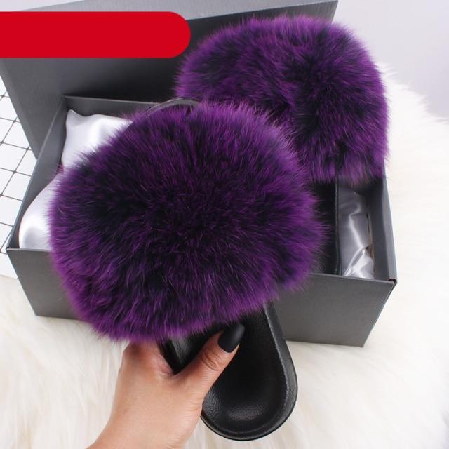 Women's Fluffy Fox Fur Slides Open Toe Comfortable House Slippers