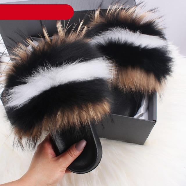 Women's Fluffy Fox Fur Slides Open Toe Comfortable House Slippers