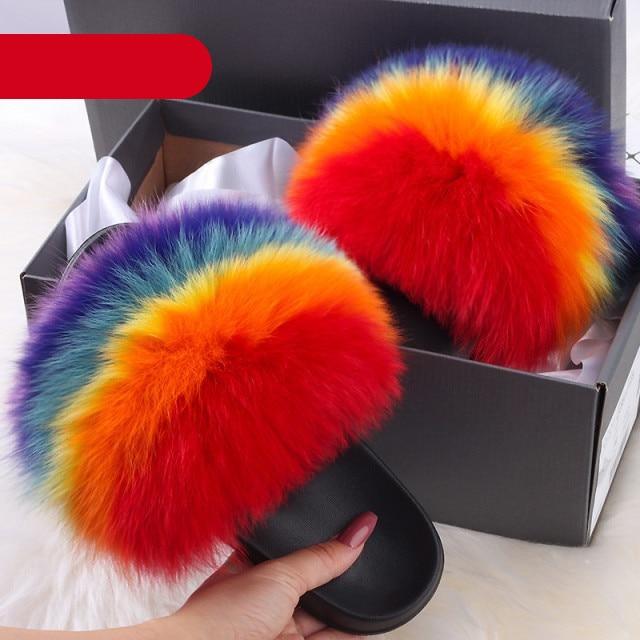 Women's Fluffy Fox Fur Slides Open Toe Comfortable House Slippers