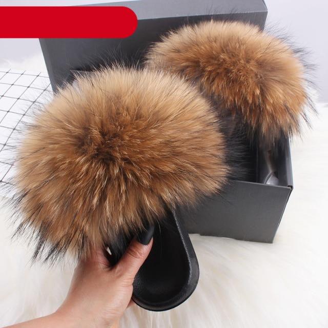Women's Fluffy Fox Fur Slides Open Toe Comfortable House Slippers