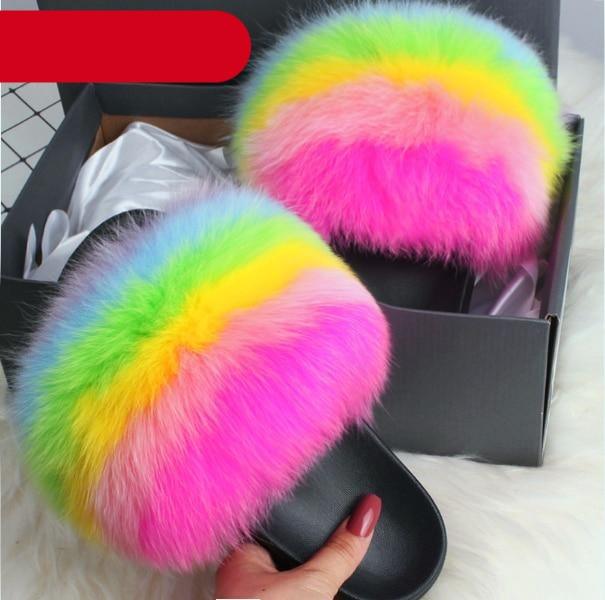 Women's Fluffy Fox Fur Slides Open Toe Comfortable House Slippers