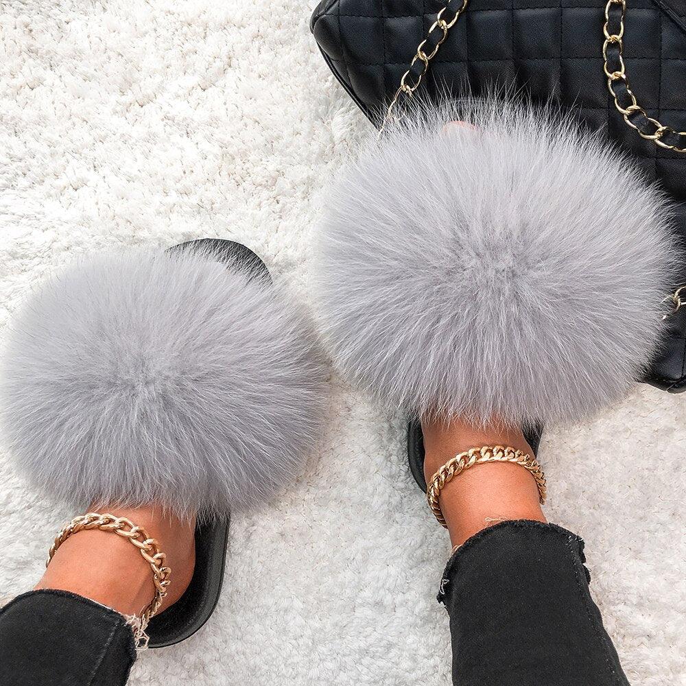 Women's Fluffy Fox Fur Slides Open Toe Comfortable House Slippers